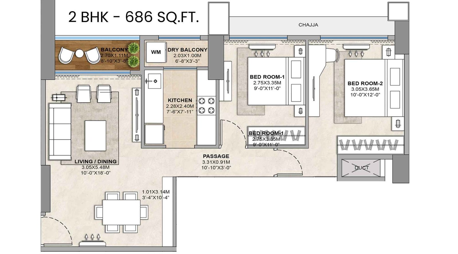 Tricity-Delta-Aveon-City-Floor-Plan-2-BHK-686-Sqft