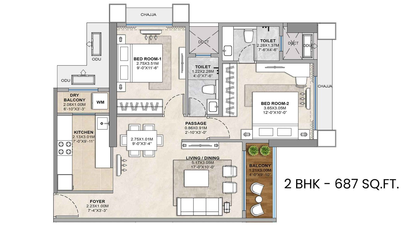 Tricity-Delta-Aveon-City-Floor-Plan-2-BHK-687-Sqft