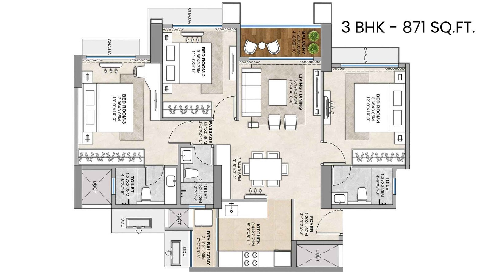 Tricity-Delta-Aveon-City-Floor-Plan-3-BHK-871-Sqft